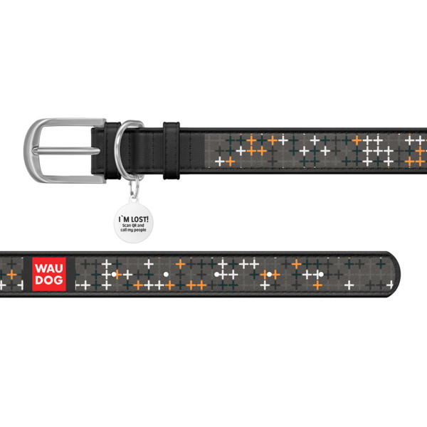 Нашийник WAUDOG Design з малюнком "Хрестики", преміум шкіра, металева пряжка (ширина 20 мм, довжина 30-39 см) чорний