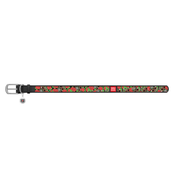 Нашийник WAUDOG Design з малюнком "Черепи та рози", преміум шкіра, металева пряжка (ширина 25 мм, довжина 38-49 см) чорний