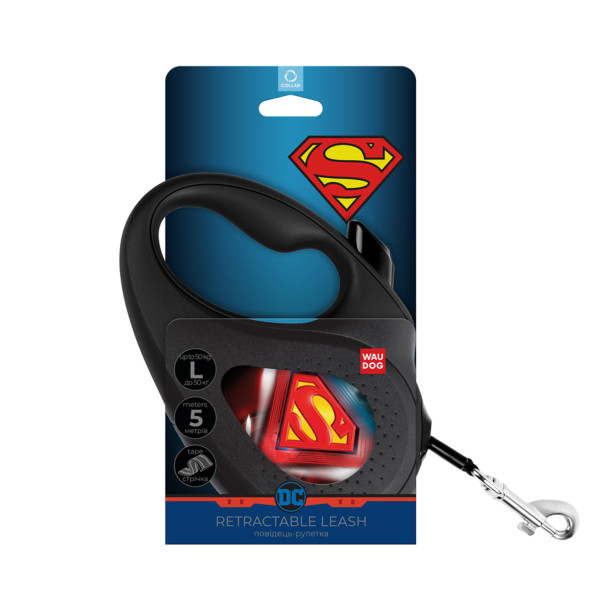 Поводок-рулетка для собак WAUDOG R-leash, рисунок "Супермен Лого", L, до 50 кг, 5 м, светоотражающая черная лента