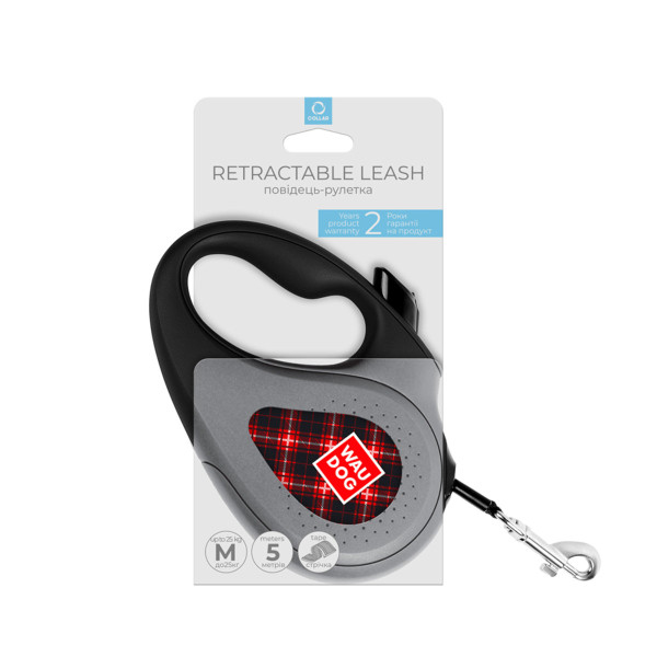 Поводок-рулетка для собак WAUDOG R-leash, рисунок "Шотландка", M, до 25 кг, 5 м, светоотражающая лента