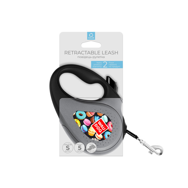 Повідець-рулетка для собак WAUDOG R-leash, малюнок "Пончики", S, до 15 кг, 5 м, світловідбиваюча стрічка чорний