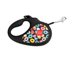 Повідець-рулетка для собак WAUDOG R-leash, малюнок "Пончики", S, до 15 кг, 5 м, світловідбиваюча стрічка чорний