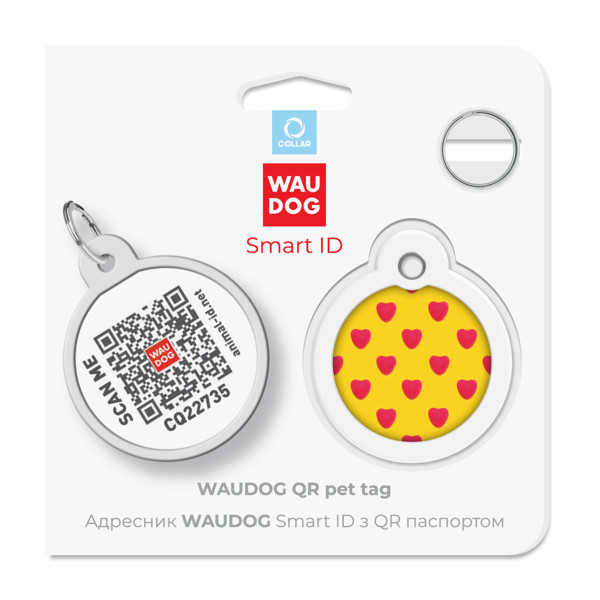 Адресник для собак і котів металевий WAUDOG Smart ID з QR паспортом, малюнок "Серця", коло, Д 30 мм