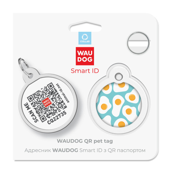 Адресник для собак и кошек металлический WAUDOG Smart ID с QR паспортом, рисунок "Яичница", круг, Д 30 мм