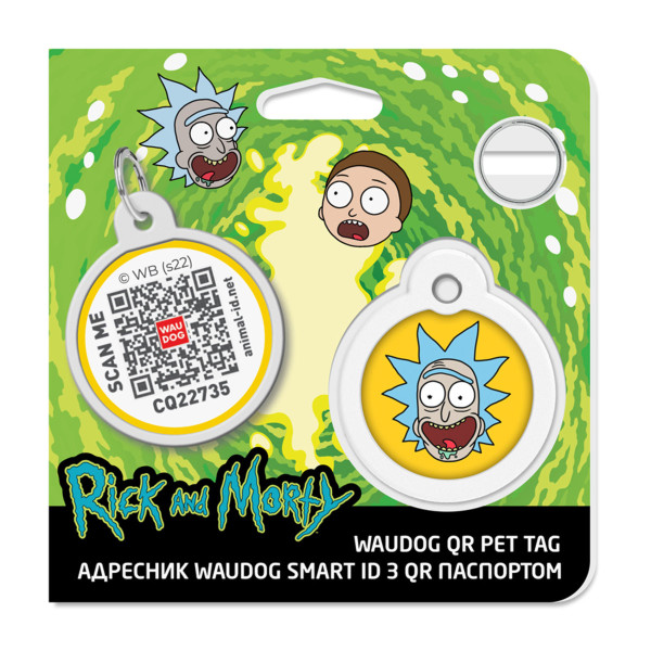 Адресник для собак и кошек металлический WAUDOG Smart ID с QR паспортом, рисунок "Год и Морти 3", круг, Д 30 мм
