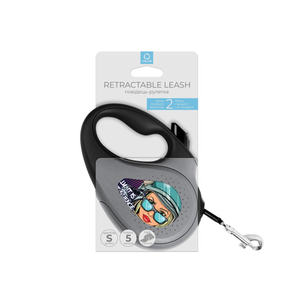 Повідець-рулетка для собак WAUDOG R-leash, малюнок "Ракетобудування", світловідбиваюча стрічка, S, до 15 кг, 5 м чорний