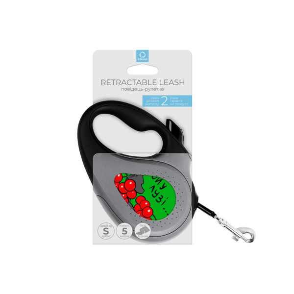 Поводок-рулетка для собак WAUDOG R-leash, рисунок "Калина", S, до 15 кг, 5 м, светоотражающая черная лента