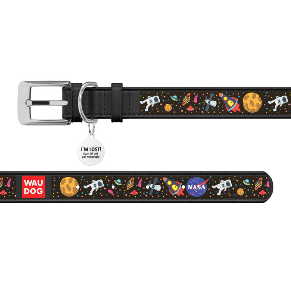 Нашийник для собак шкіряний WAUDOG Design з QR паспортом, малюнок "NASA", Ш 12 мм, Дов 20-28 см, чорний