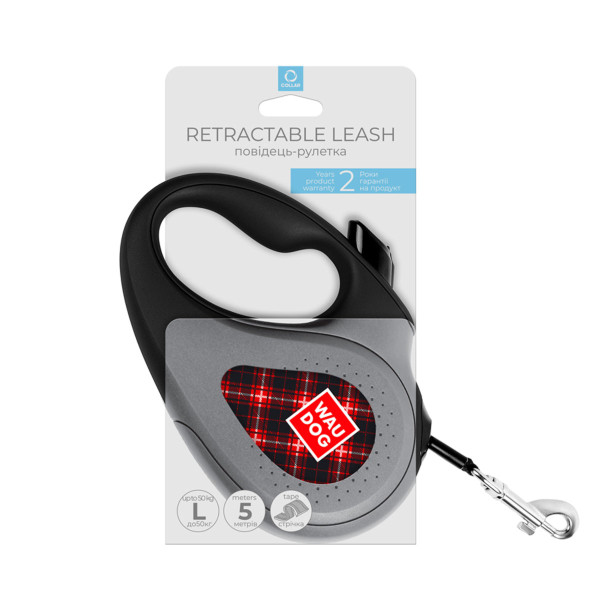 Повідець-рулетка для собак WAUDOG R-leash, малюнок "Шотландка", L, до 50 кг, 5 м, світловідбиваюча стрічка чорний