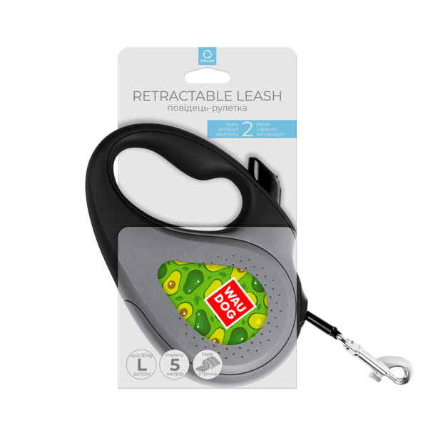 Повідець-рулетка для собак WAUDOG R-leash, малюнок "Авокадо", L, до 50 кг, 5 м, світловідбиваюча стрічка