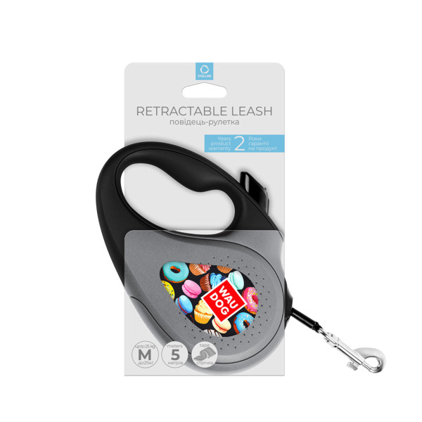 Повідець-рулетка для собак WAUDOG R-leash, малюнок "Пончики", M, до 25 кг, 5 м, світловідбиваюча стрічка чорний
