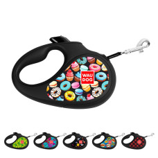Повідець-рулетка для собак WAUDOG R-leash, малюнок "Пончики", M, до 25 кг, 5 м, світловідбиваюча стрічка чорний