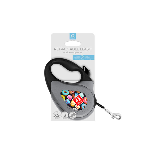 Повідець-рулетка для собак WAUDOG R-leash, малюнок "Пончики", XS, до 12 кг, 3 м, світловідбиваюча стрічка чорний
