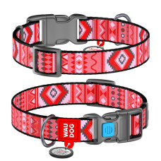 Ошейник для собак нейлоновый WAUDOG Nylon с QR паспортом, рисунок "Этно красный", пластиковый фастекс, Ш 25 мм, Длин 33-49 см