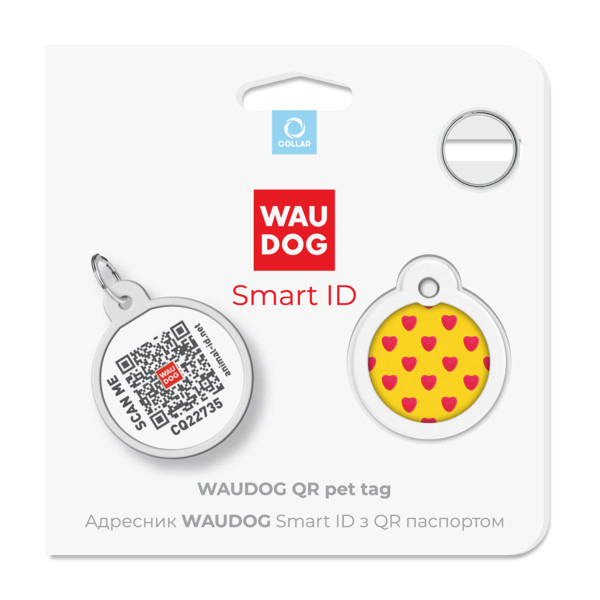 Адресник для собак и кошек металлический WAUDOG Smart ID с QR паспортом, рисунок "Сердца", круг, Д 25 мм