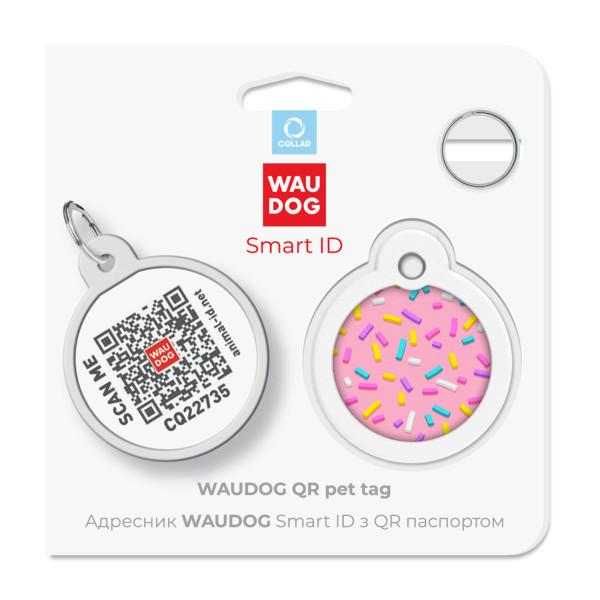 Адресник для собак и кошек металлический WAUDOG Smart ID с QR паспортом, рисунок "Маршмеллоу", круг, Д 30 мм