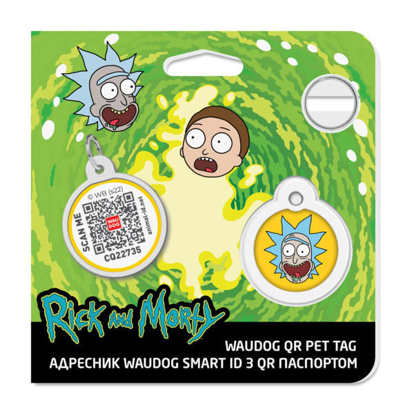 Адресник для собак і котів металевий WAUDOG Smart ID з QR паспортом, малюнок "Рік та Морті 3", коло, Д 25 мм