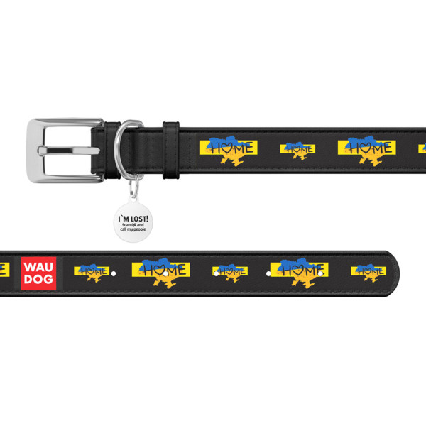 Нашийник для собак шкіряний WAUDOG Design з QR паспортом, малюнок "Дім", S, Ш 15 мм, Дов 26-35 см, чорний