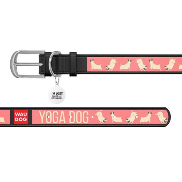 Ошейник WAUDOG Design с рисунком "Йога-пес", премиум кожа, металлическая пряжка (ширина 25 мм, длина 38-49 см) черный
