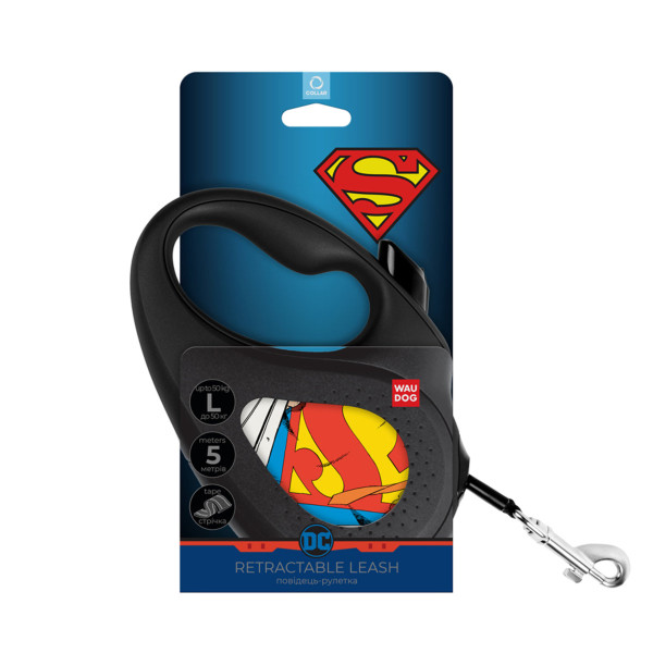 Поводок-рулетка для собак WAUDOG R-leash, рисунок "Супермен Герой", L, до 50 кг, 5 м, светоотражающая черная лента