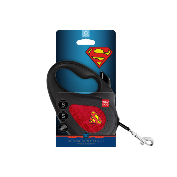Поводок-рулетка для собак WAUDOG R-leash, рисунок "Супермен Лого красный", S, до 15 кг, 5 м, светоотражающая лента
