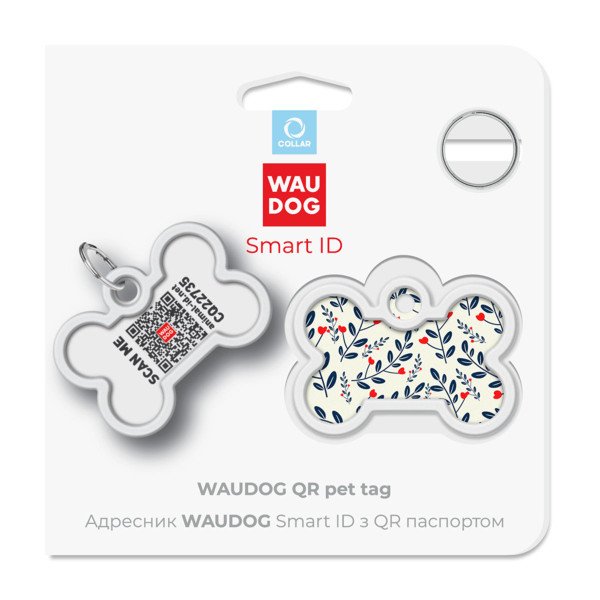 Адресник для собак і котів металевий WAUDOG Smart ID з QR паспортом, малюнок "Рослини", кістка, Д 40 мм, Ш 28 мм