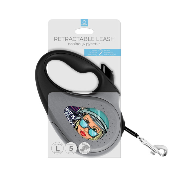 Повідець-рулетка для собак WAUDOG R-leash, малюнок "Ракетобудування", світловідбиваюча стрічка, L, до 50 кг, 5 м чорний