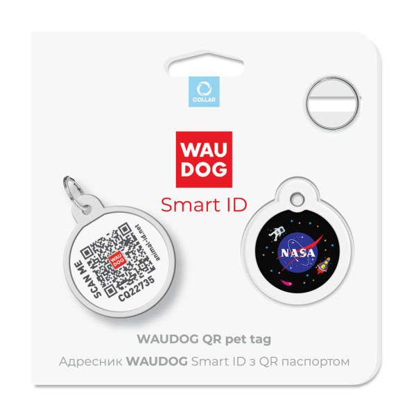 Адресник для собак и кошек металлический WAUDOG Smart ID с QR паспортом, рисунок "NASA", круг, Д 25 мм