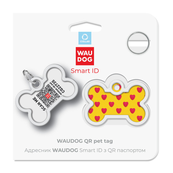 Адресник для собак і котів металевий WAUDOG Smart ID з QR паспортом, малюнок "Серця", кістка, Д 40 мм, Ш 28 мм