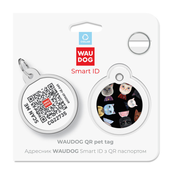 Адресник для собак и кошек металлический WAUDOG Smart ID с QR паспортом, рисунок "Коты", круг, Д 30 мм