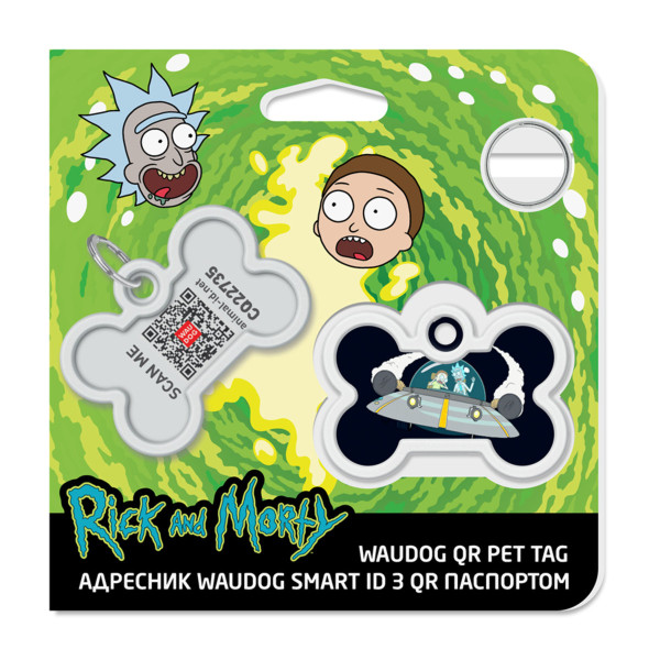 Адресник для собак і котів металевий WAUDOG Smart ID з QR паспортом, малюнок "Рік та Морті 1", кістка, Д 40 мм, Ш 28 мм