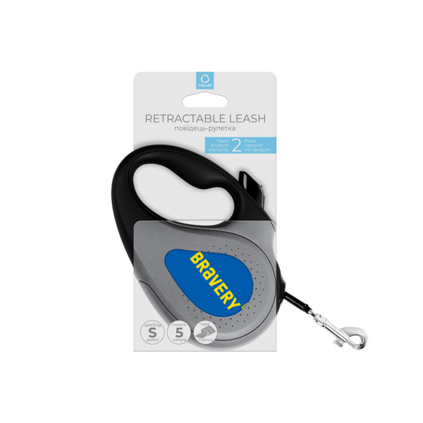 Поводок-рулетка для собак WAUDOG R-leash, рисунок "Смелость", S, до 15 кг, 5 м, светоотражающая черная лента