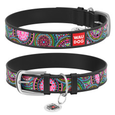 Нашийник WAUDOG Design з малюнком "Мандали", преміум шкіра, металева пряжка (ширина 25 мм, довжина 38-49 см) чорний