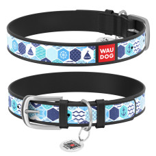 Нашийник WAUDOG Design з малюнком "Морський", преміум шкіра, металева пряжка (ширина 12 мм, довжина 21-29 см) чорний