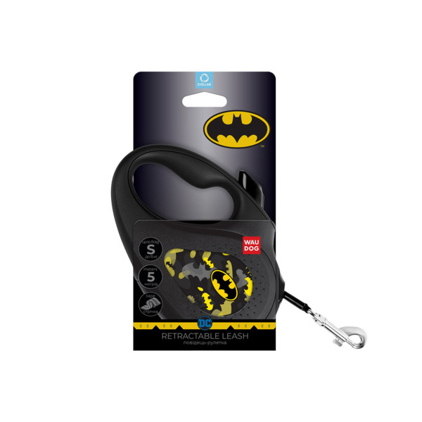 Повідець-рулетка для собак WAUDOG R-leash, малюнок "Бетмен Візерунок", S, до 15 кг, 5 м, світловідбиваюча стрічка чорний