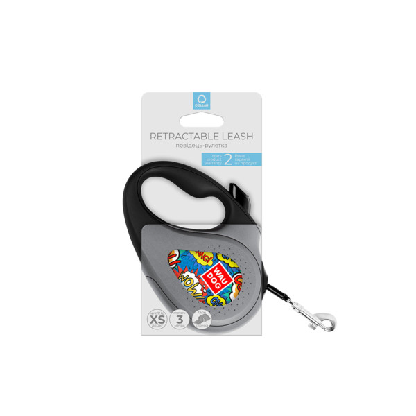 Поводок-рулетка для собак WAUDOG R-leash, рисунок "ВАУ", XS, до 12 кг, 3 м, светоотражающая черная лента
