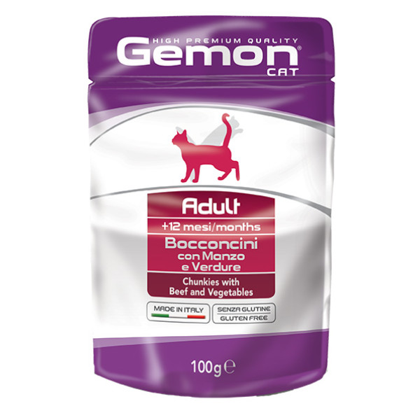 Вологий корм для котів Gemon Cat Wet Adult шматочки з яловичиною та овочами, 100 г