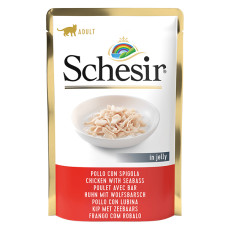 Schesir Chicken Seabass ШЕЗІР КУРЯЧЕ ФІЛЕ З МОРСЬКИМ ОКУНЕМ в желе натуральні консерви для котів, вологий корм, пауч 85г , 0.085 кг.