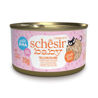 Schesir Ваву Chicken With Salmon ШЕЗІР КУРКА З ЛОСОСЕМ в бульйоні натуральні консерви для кошенят, банка 70г , 0.07 кг.