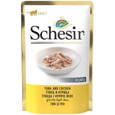 Schesir Tuna and Chicken ШЕЗІР ТУНЕЦЬ З КУРЯЧИМ ФІЛЕ в желе натуральні консерви для котів, вологий корм, пауч 85г , 0.085 кг.