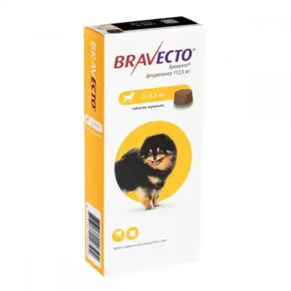 Таблетка MSD Bravecto Бравекто проти бліх і кліщів для собак вагою 2-4,5 кг, 1 таб/112,5 мг