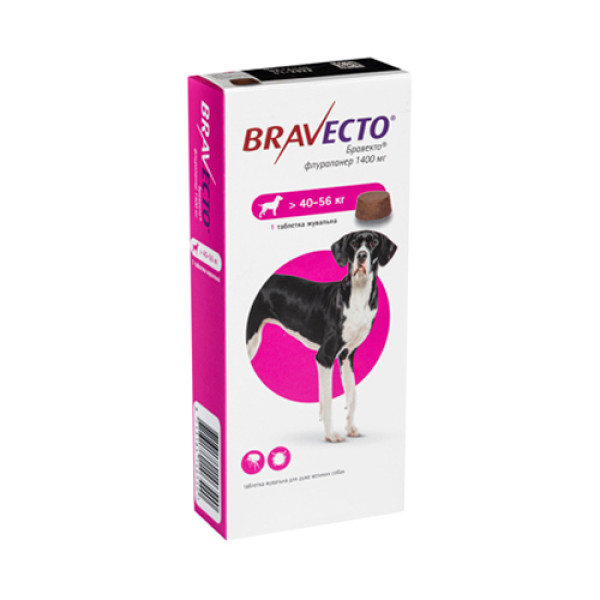 Таблетка MSD Bravecto Бравекто проти бліх та кліщів для собак вагою 40-56 кг, 1 таб/1400 мг