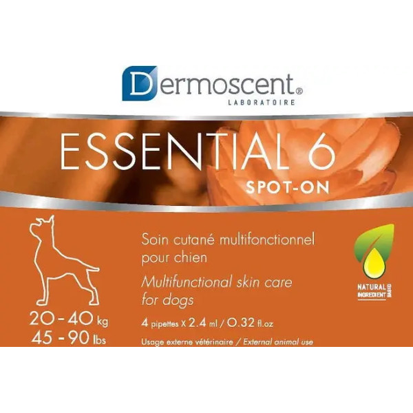 Мультифункціональний засіб Dermoscent Essential-6 spot-on, для догляду за шкірою і шерстю всіх типів, для собак 20-40 кг, (4піп.х2,4мл)