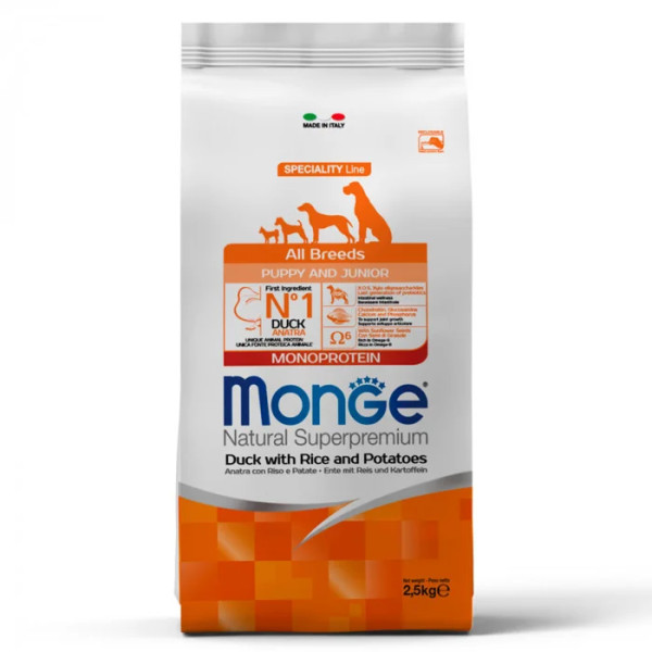 Сухой корм для щенков Monge Dog All breeds Puppy & Junior утка с рисом, 2.5 кг