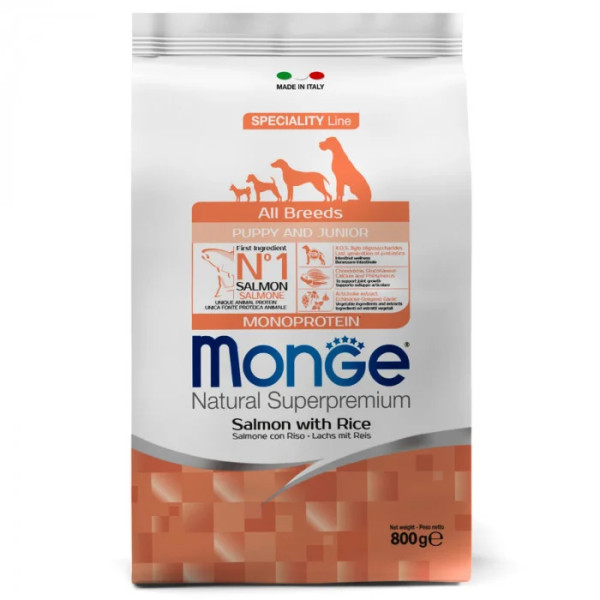 Сухий корм для цуценят Monge Dog All breeds Puppy & Junior лосось з рисом, 800 г