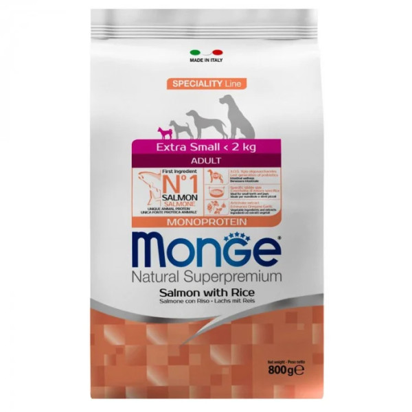 Сухой корм для собак Monge Dog Extrasmall Adult лосось с рисом, 800 г