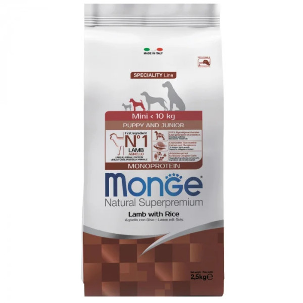 Сухой корм для щенков Monge Dog Mini Puppy & Junior ягненок с рисом, 2.5 кг