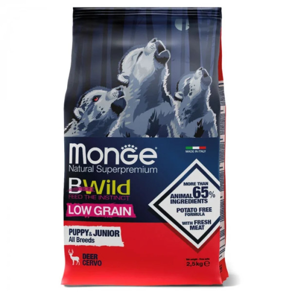 Сухой корм для щенков Monge Dog Bwild Low Grain Puppy & Junior оленина, 2.5 кг