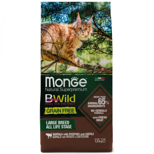 Сухой корм для кошек Monge Cat Bwild Grain Free буйвол (для кошек больших пород с 2-х месяцев), 1.5 кг
