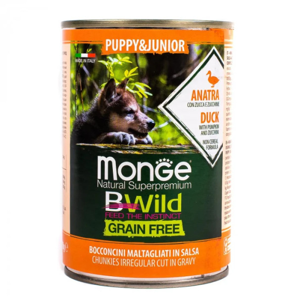 Вологий корм для собак Monge Dog Wet Bwild Grain Free Puppy & Junior качка, гарбуз та цукіні, 400 г